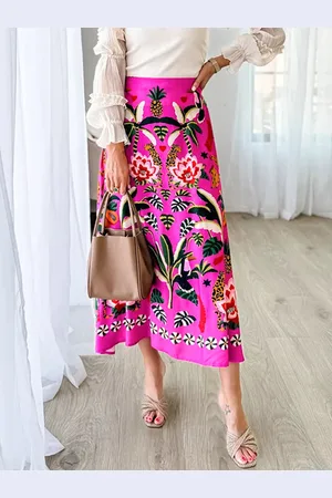 milanoo.com Gonne Vita rialzata rosa Stampa floreale Poliestere Chic Autunno Pantaloni lunghi da donna