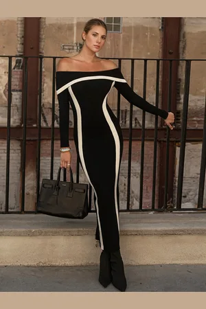 milanoo.com Vestiti aderenti a righe nere maniche lunghe elegante scollo a barca abito attillato abito tubino