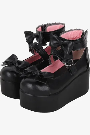 milanoo.com Sandali Sweet Lolita Farfalla Punta tonda Modello a farfalla Scarpe estive Lolita nere in pelle PU