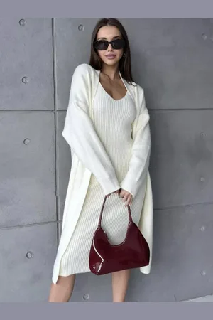 milanoo.com Abito lavorato a maglia e capospalla elegante con scollo a gioiello e maniche lunghe set da 2 pezzi per donna
