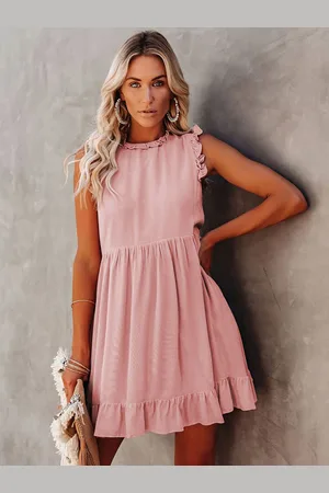 milanoo.com Abiti da sposamento Gewy New Jewel Neck Senza Maniche Casual Ruffles Oversized Pastello Dress Tunica rosa
