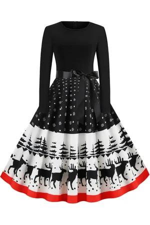 milanoo.com Vestiti Anni 50 con motivo natalizio Abiti donna maniche lunghe abiti anni 50 con scollo tondo di poliestere Autunno di retro