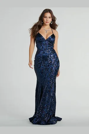 milanoo.com Abito da sirena con paillettes scollo a V profondo spalline sottili allacciato formale da festa lungo fino a terra per le donne 2025