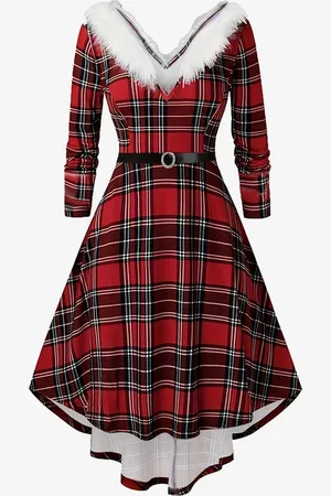 milanoo.com Abito scozzese glamour retrò con scollo a V finiture in piume abiti alti e bassi con cintura
