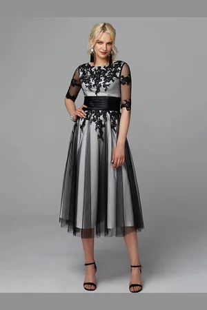 milanoo.com Abito da sera gioiello collo lunghezza tè mezze maniche pizzo applique madre degli abiti da sposa