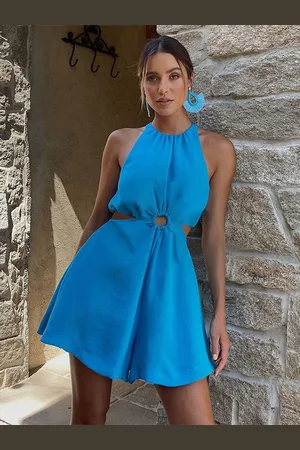 milanoo.com Tuta intera verde acqua con collo gioiello senza maniche con spalline aperte in cotone con scollo a barchetta