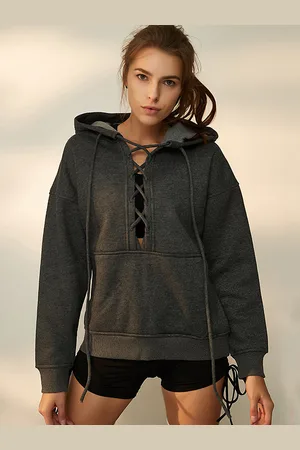 milanoo.com Felpa con cappuccio per donna grigia a maniche lunghe con lacci in cotone con cappuccio