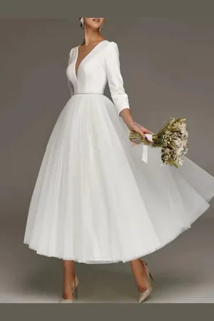 milanoo.com Abito da sposa corto lunghezza tè scollo a V maniche a 3/4 a trapezio tessuto di raso abiti da sposa personalizzazione gratuita