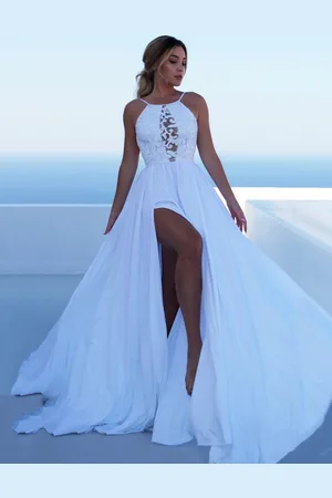 milanoo.com Vestiti Lunghi Abiti Lunghi spacco frontale di poliestere monocolore smanicato Vestiti Lunghi Eleganti scollato sulla schiena Abiti bretelle