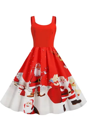 milanoo.com Vestiti Anni 50 con motivo natalizio Abiti donna smanicato abiti anni 50 Cocktail Abito Rosso con scollo a U di poliestere di retro