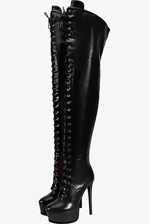 milanoo.com Stivali neri con lacci sopra il ginocchio con plateau e tacco alto stivali alti fino alla coscia
