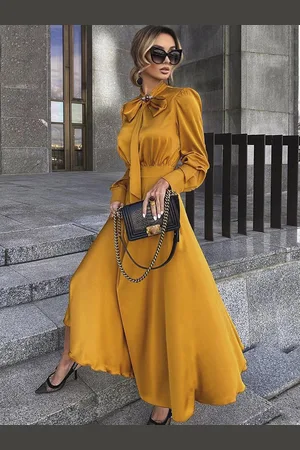 milanoo.com Abito lungo da donna Abito lungo in poliestere a maniche lunghe con colletto alla rovescia giallo arancione