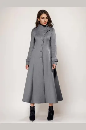 milanoo.com Cappotto lungo in misto lana a trapezio svasato con collo alto elegante grigio vintage invernale per donna 2025