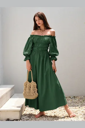 milanoo.com Abito a spalle scoperte plissettato casual quotidiano maxi folcloristico