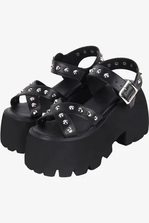 milanoo.com Sandali Gothic Lolita Dettagli in metallo Punta aperta Scarpe estive Lolita nere in pelle PU metallizzata