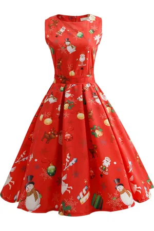 milanoo.com Vestiti Anni 50 con motivo natalizio Abiti donna smanicato abiti anni 50 Cocktail Abito con scollo tondo Cotone misto Estate casual