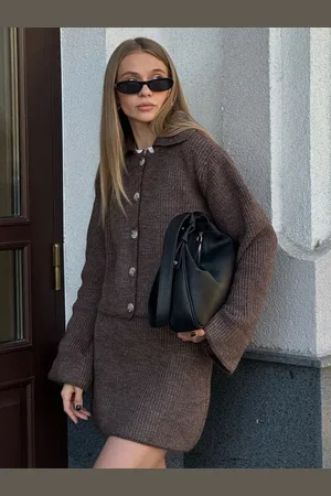 milanoo.com Completo lavorato a maglia in due pezzi con maglione oversize con colletto e gonna casual primaverile per donna 2025
