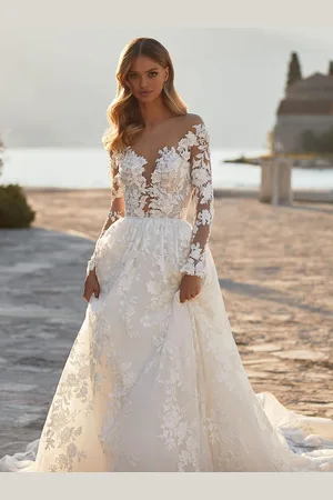 milanoo.com Abito da sposa in pizzo con strascico senza maniche a trapezio scollo a V in pizzo