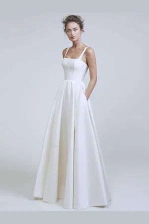 milanoo.com Abiti da sposa vintage scollatura quadrata senza maniche tessuto di raso strascico corte abito da sposa fascia personalizzazione gratuita