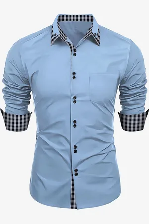 milanoo.com Camicie casual da uomo con doppi bottoni vestibilità slim collo rovesciato maniche lunghe a quadri da uomo