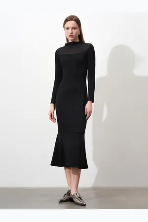 milanoo.com Vestiti aderenti neri a mezza dolcevita eleganti maniche lunghe sirena primaverili semi-formali da festa midi per le donne 2025