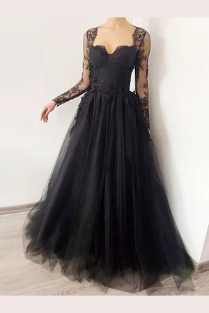 milanoo.com Abiti da sposa neri Abito da sposa a maniche lunghe in pizzo a-line con strascico Personalizzazione gratuita
