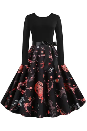 milanoo.com Vestiti Anni 50 donna Abiti abiti anni 50 con motivo natalizio Cocktail Abito di poliestere maniche lunghe con scollo tondo