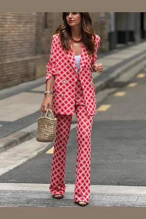 milanoo.com Abiti con stampa geometrica per donna blazer doppiopetto e pantaloni svasati set retrò in due pezzi 2025