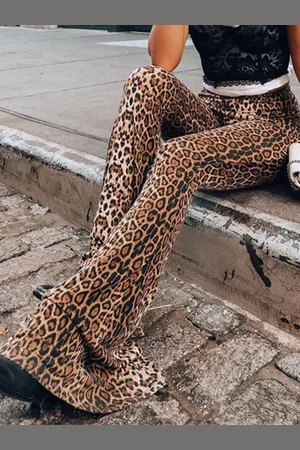 milanoo.com Pantaloni svasati da donna Pantaloni a vita alta in cotone con stampa leopardata