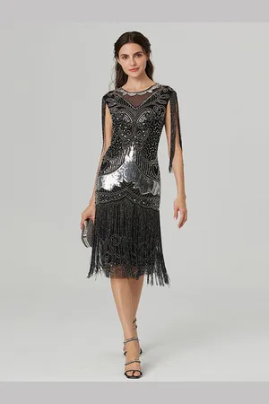 milanoo.com Vestito Flapper con Paillettes per Donna Maniche a Frange Girocollo Stile Anni \\