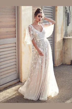 milanoo.com Abito da sposa in pizzo bianco Abito da sposa a trapezio con scollo a V Maniche corte Abiti da sposa senza schienale