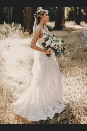 milanoo.com Abito da sposa Boho Pizzo Sirena di pizzo Sweep Vita naturale Senza schienale Senza maniche Collo gioiello Avorio