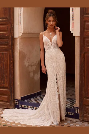 milanoo.com Abito da sposa boho pizzo pizzo a-line strascico corto vita naturale spalline sottili senza schienale senza maniche scollo a V