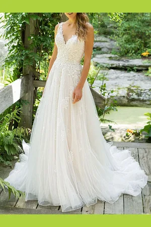 milanoo.com Abito da Sposa Semplice 2025 Una Linea Scollo Av Maniche Lunghe da Spiaggia Abiti da Sposa con Strascico