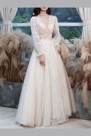 milanoo.com Abiti da sera A-Line Gewy Collo a maniche lunghe in pizzo Sequined Abiti da festa a pavimento