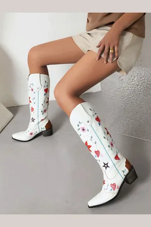 milanoo.com Stivali a metà polpaccio con tacco grosso in pelle PU Scarpe da sposa da cowgirl