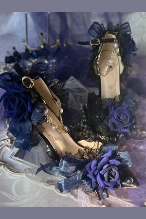 milanoo.com Abito da sposa Lolita Sandali Lolita Fiocchi Fiori Perle Punta a punta Tessuto elastico Scarpe estive Lolita blu intenso