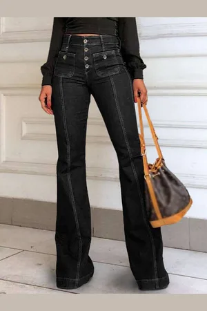 milanoo.com Bottoni jeans a vita alta con gamba svasata Pantaloni affascinanti