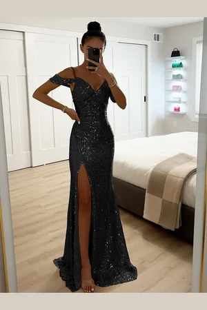 milanoo.com Abito lungo con spalline in paillettes sexy con spalle scoperte spacco alto arricciato lungo da festa per donna 2025