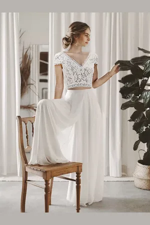 milanoo.com Abito da sposa in due pezzi in chiffon di pizzo con scollo a V Due pezzi fino al pavimento senza schienale maniche corte