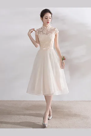 milanoo.com Vestito homecoming svasato con colletto alla coreana maniche corte Zip al polpaccio a fiori