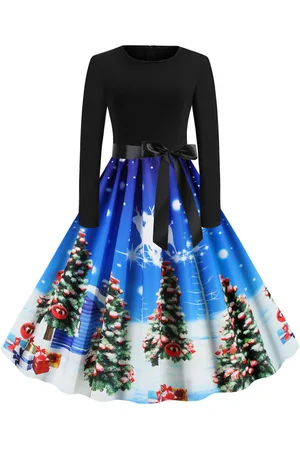 milanoo.com Vestiti Anni 50 con motivo natalizio Abiti donna maniche lunghe abiti anni 50 con scollo tondo di poliestere Inverno Autunno di retro
