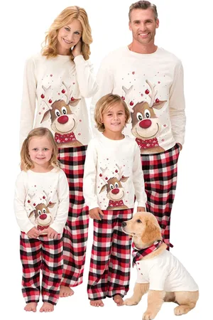 milanoo.com Famiglia Pigiama Pigiama Poliestere Stampa floreale Pantaloni rossi Pantaloni Plaid Blusa bianca Set di 2 pezzi