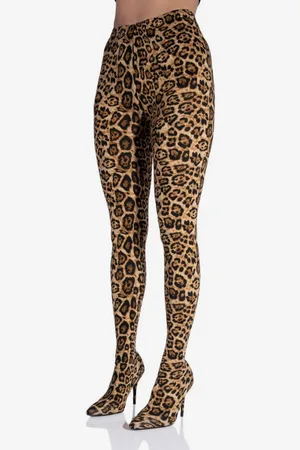 milanoo.com Stivali alti fino alla coscia con stampa leopardata da donna con tacco a spillo in tessuto elastico