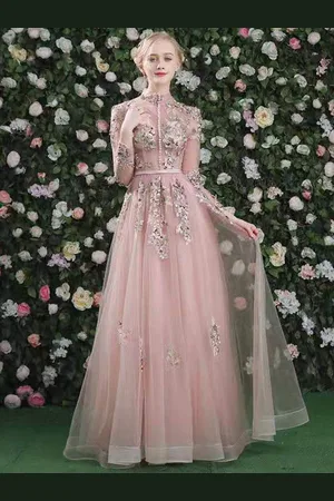 milanoo.com Abito da ballo rosa collo alto morbido tulle pizzo A-Line maniche lunghe abiti da festa con lacci e perline