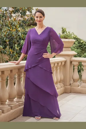 milanoo.com Abito da festa per la madre della sposa Scollo a V Maniche corte A-Line Increspature Abiti da cerimonia per invitati al pavimento