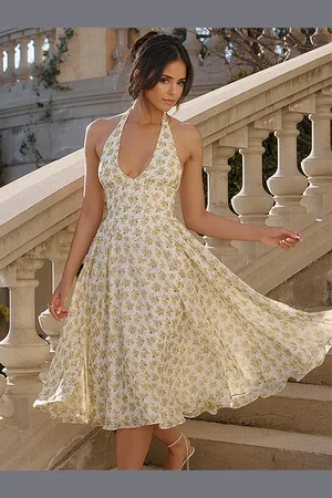 milanoo.com Abito floreale Abito midi Stampa floreale Senza maniche Scollo a V Chic Schiena nuda Abito Cottagecore
