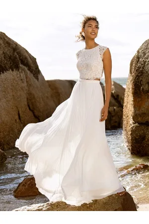 milanoo.com Abito da sposa in due pezzi in chiffon plissettato con scollo a gioiello a trapezio lungo fino a terra con bottoni funzionali maniche corte