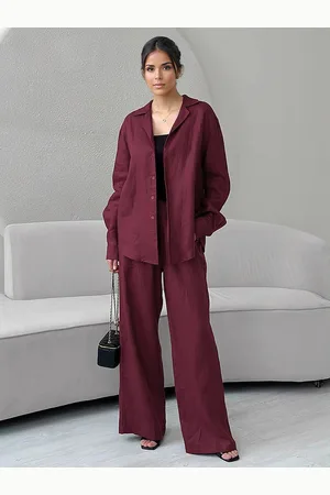 milanoo.com Completo da salotto in due pezzi per donna camicia a maniche lunghe e pantaloni a gamba larga outfit casual primaverile 2025