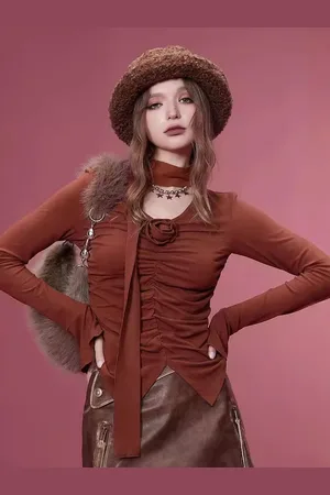 milanoo.com Camicetta plissettata con scollo a V e fiori manica lunga casual per donna 2025